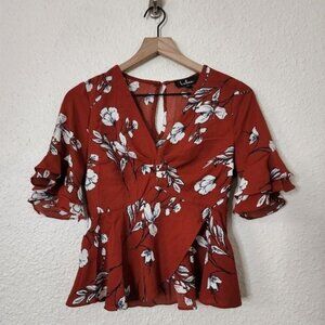 Lulus Dramatic Flair Rust Red & White Floral Peplum Top Size Small